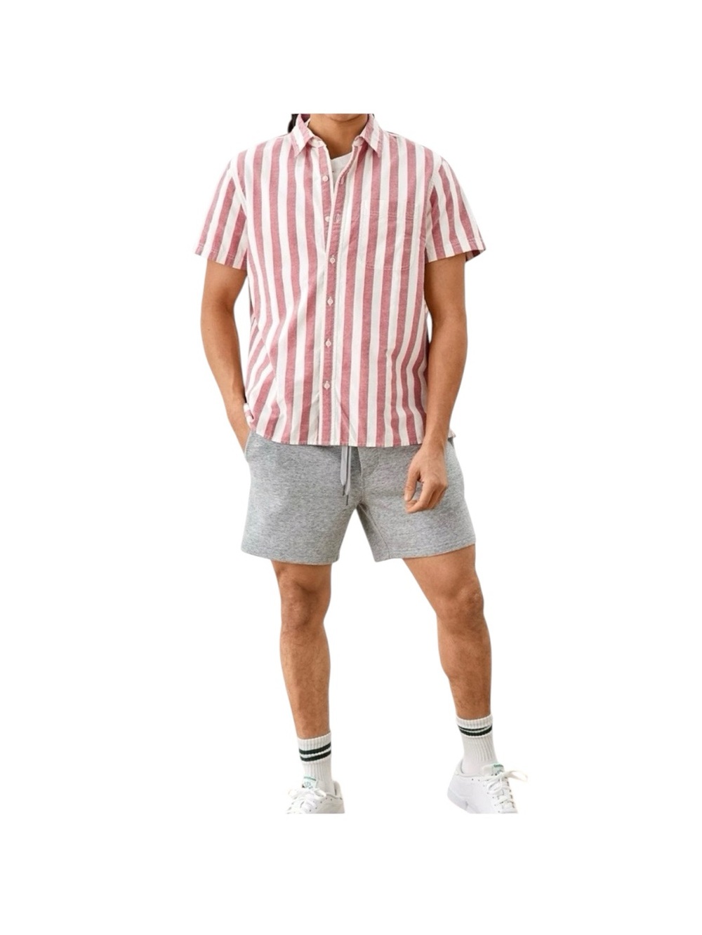 American Eagle Menโs Linen Blend Button Up Shirt Size Medium Striped Cream Red